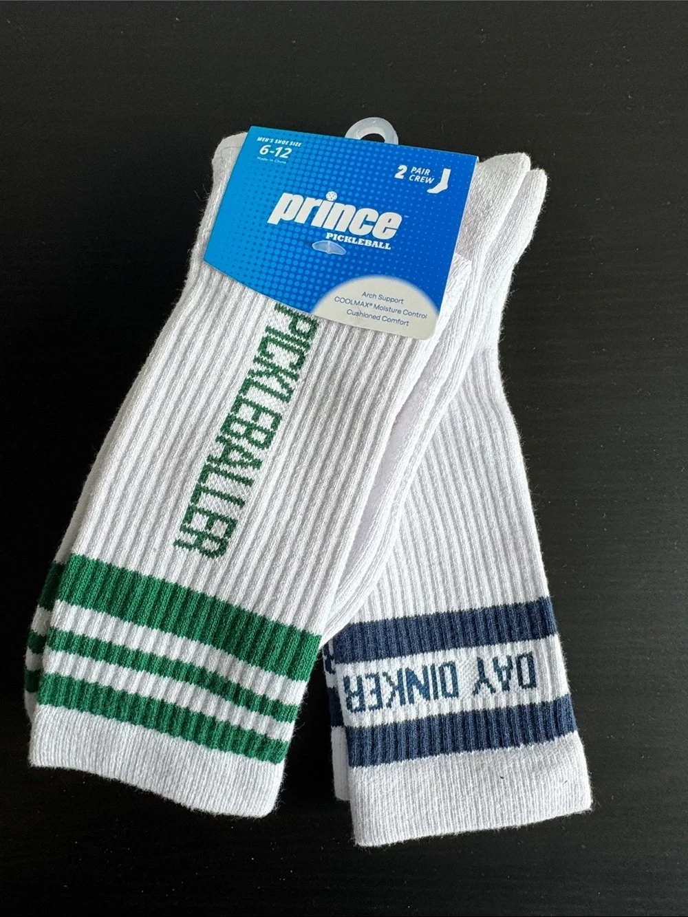 Prince Men’s Crew Athletic Socks in White with Green & Navy Accents Pickleball